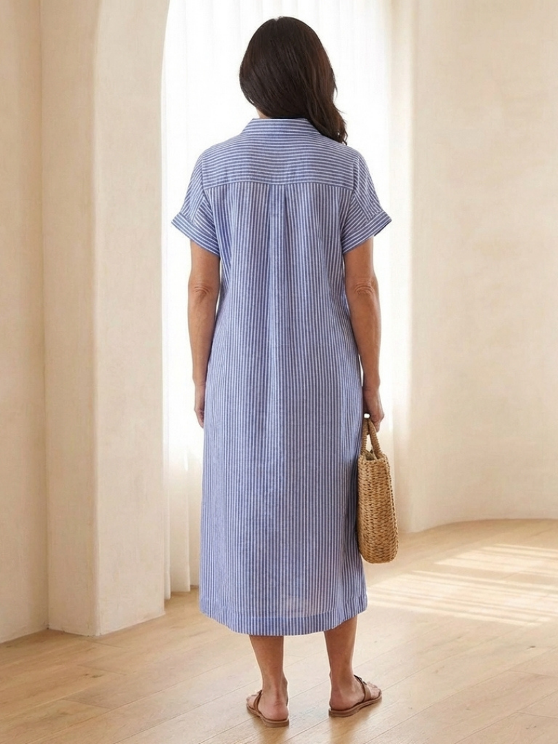 Linnea | Vestido midi de manga corta con botones en la parte delantera a rayas
