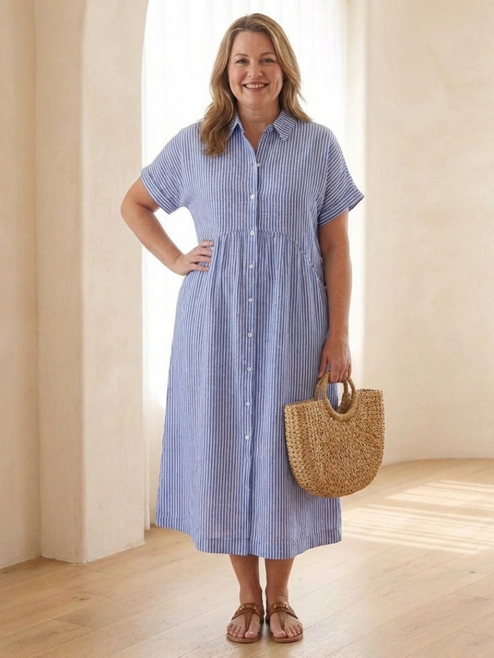 Linnea | Vestido midi de manga corta con botones en la parte delantera a rayas