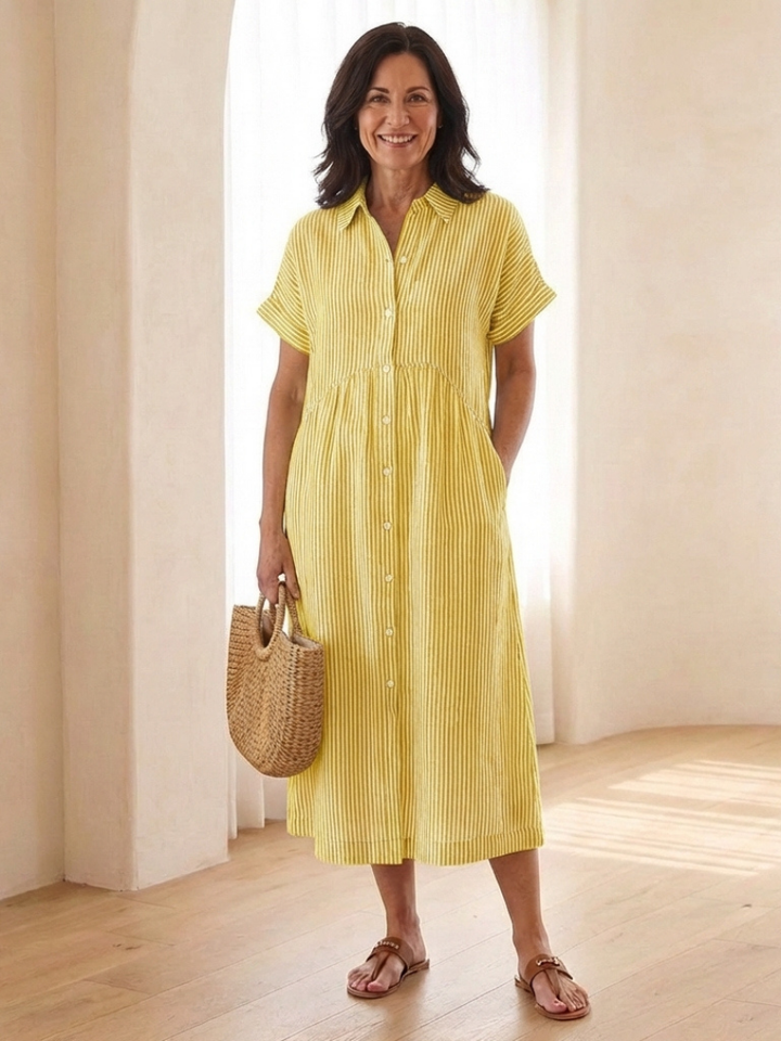 Linnea | Vestido midi de manga corta con botones en la parte delantera a rayas