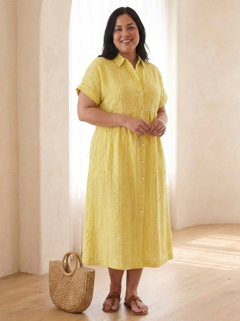 Linnea | Vestido midi de manga corta con botones en la parte delantera a rayas
