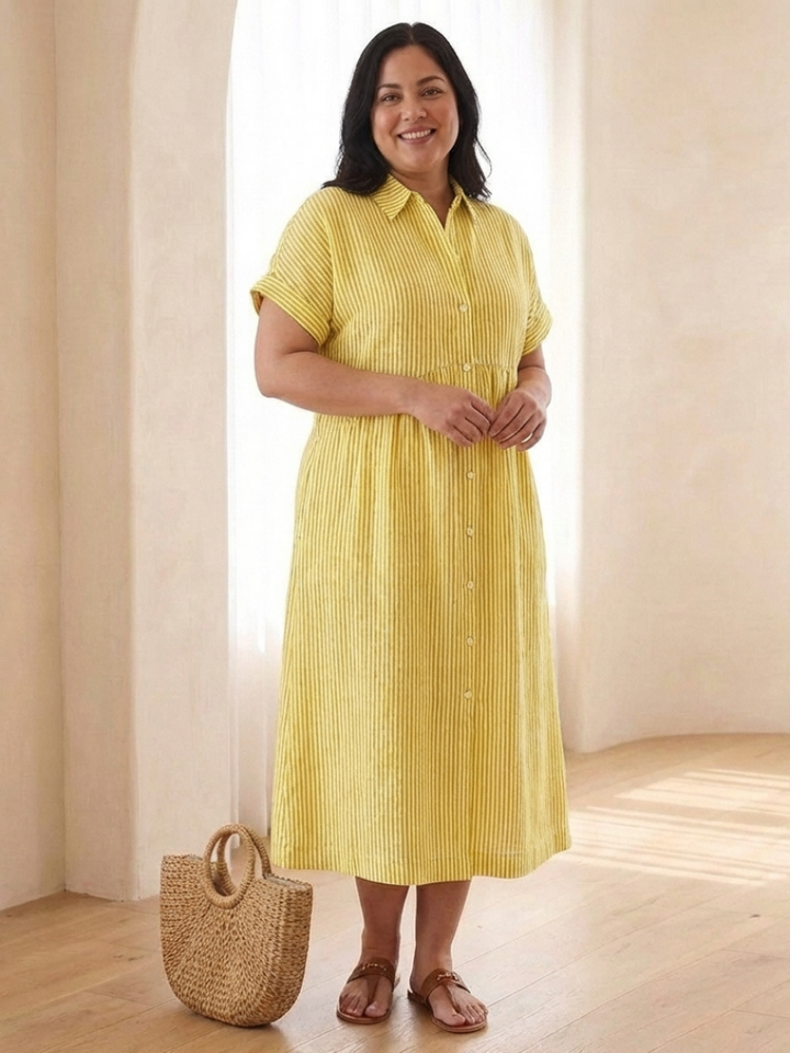 Linnea | Vestido midi de manga corta con botones en la parte delantera a rayas