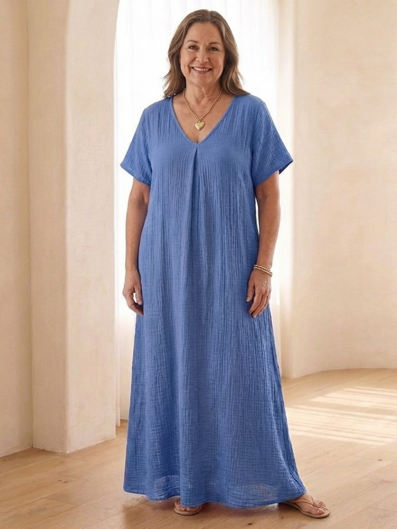 Liora | Vestido Midi de Manga Corta con Escote en V
