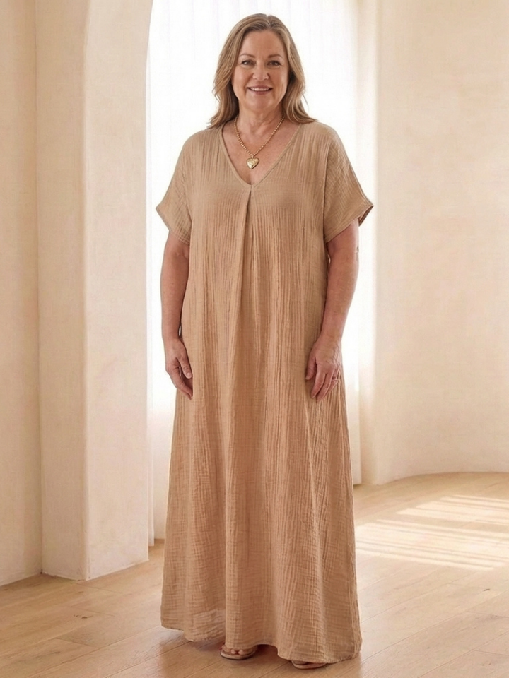 Liora | Vestido Midi de Manga Corta con Escote en V