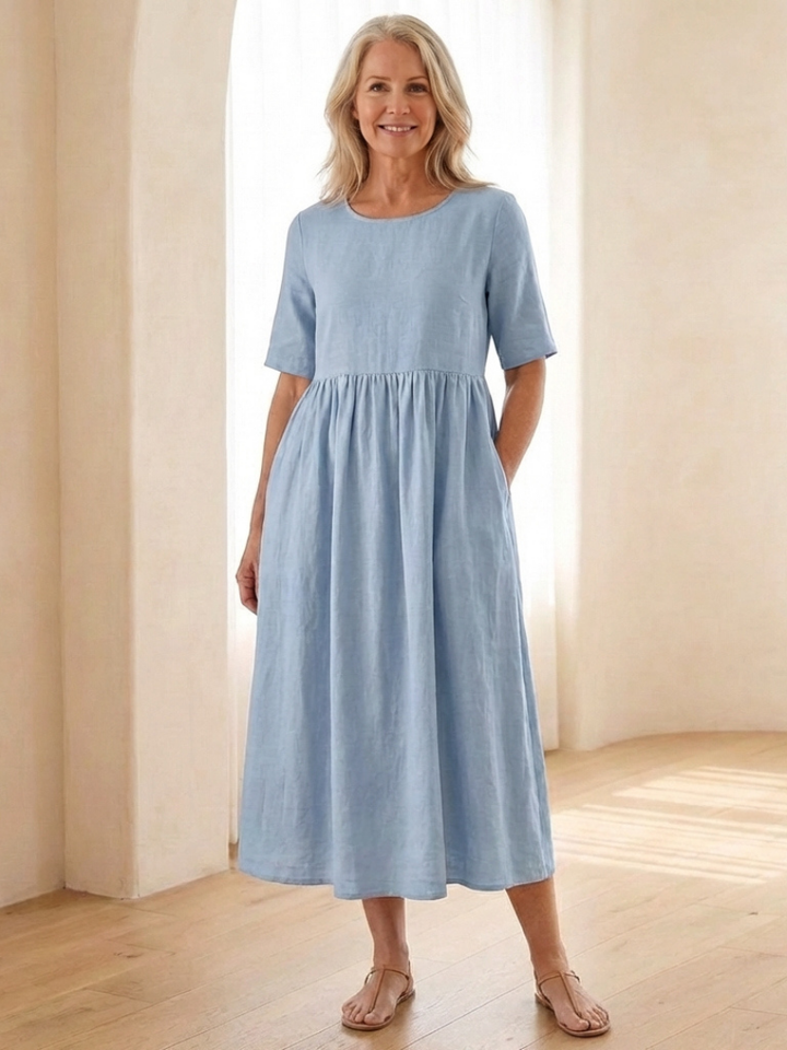 Maribel | Vestido midi de cuello redondo y manga corta con fruncido