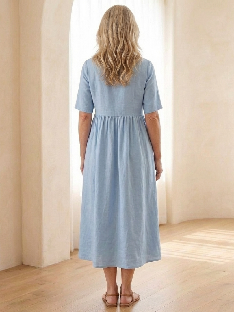 Maribel | Vestido midi de cuello redondo y manga corta con fruncido