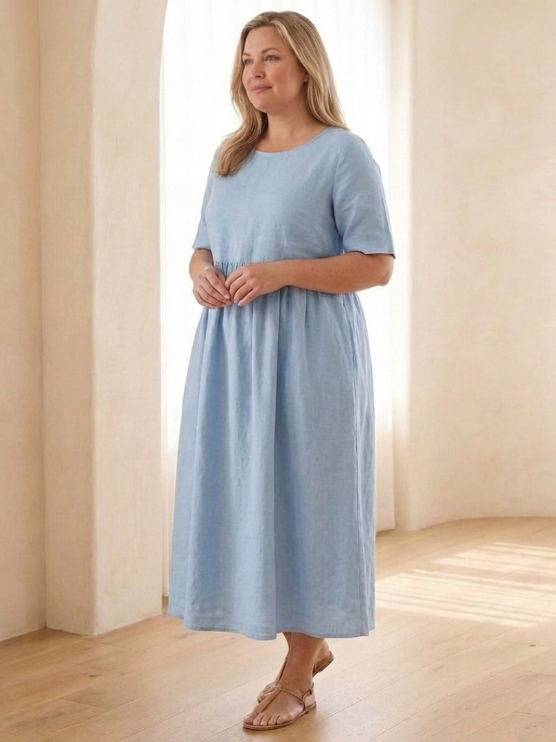 Maribel | Vestido midi de cuello redondo y manga corta con fruncido