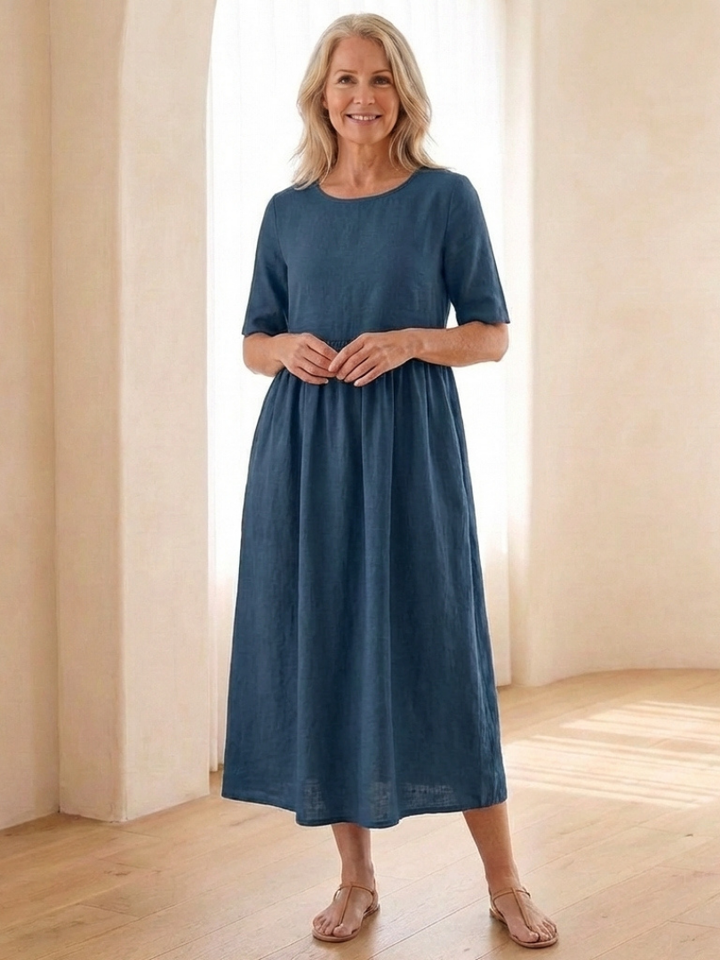 Maribel | Vestido midi de cuello redondo y manga corta con fruncido