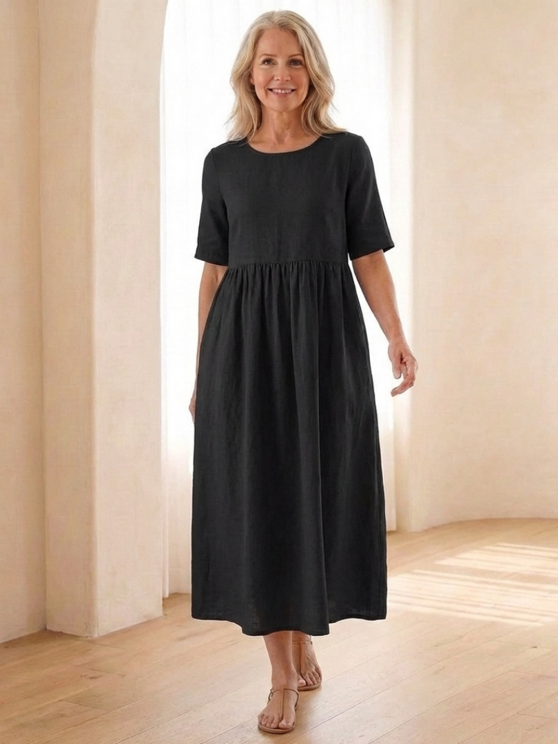 Maribel | Vestido midi de cuello redondo y manga corta con fruncido