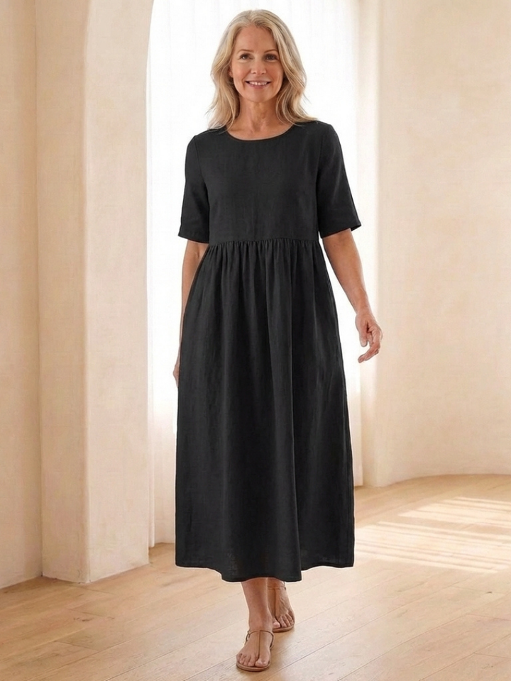 Maribel | Vestido midi de cuello redondo y manga corta con fruncido