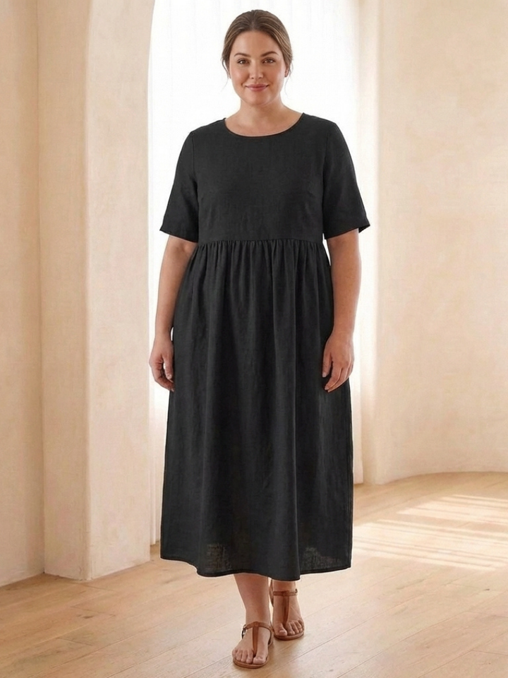 Maribel | Vestido midi de cuello redondo y manga corta con fruncido