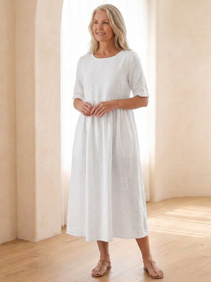 Maribel | Vestido midi de cuello redondo y manga corta con fruncido