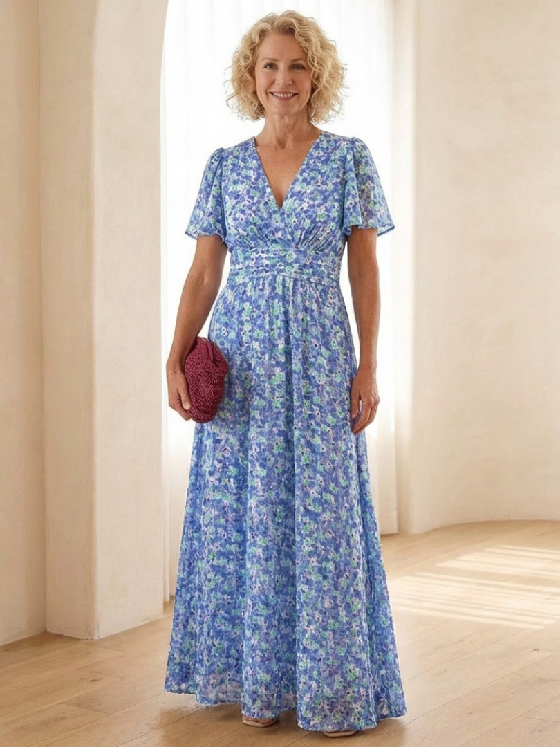 Maris | Vestido Maxi Floral con Escote en V y Mangas Cortas