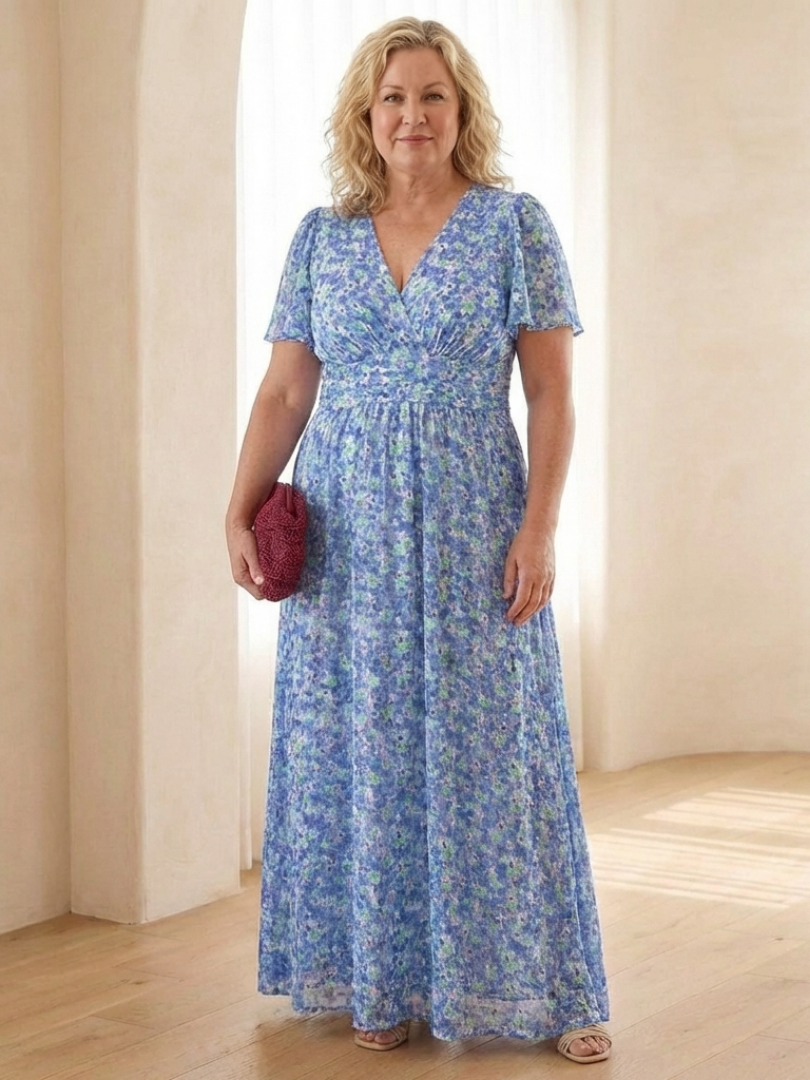 Maris | Vestido Maxi Floral con Escote en V y Mangas Cortas