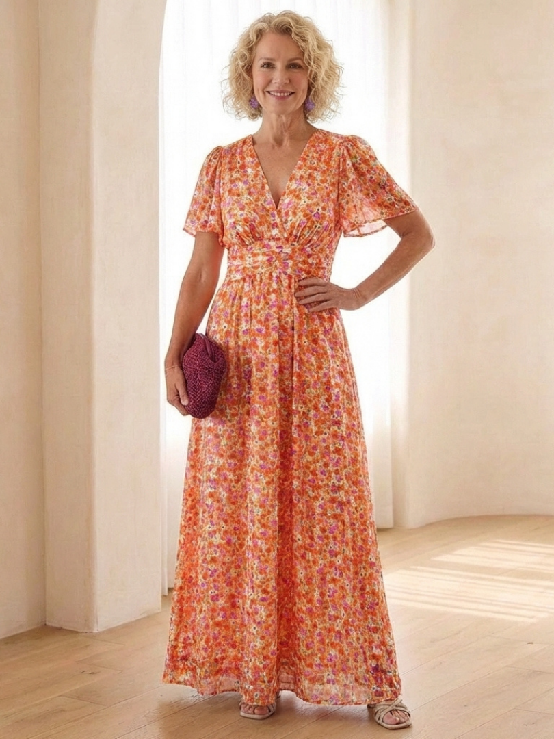 Maris | Vestido Maxi Floral con Escote en V y Mangas Cortas