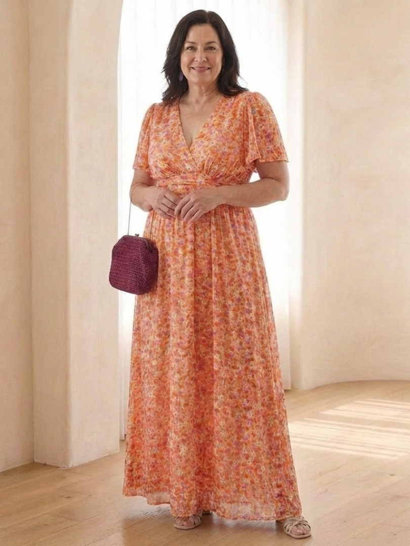Maris | Vestido Maxi Floral con Escote en V y Mangas Cortas