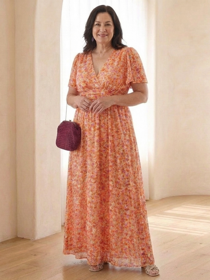 Maris | Vestido Maxi Floral con Escote en V y Mangas Cortas