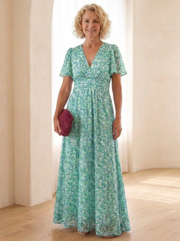 Maris | Vestido Maxi Floral con Escote en V y Mangas Cortas