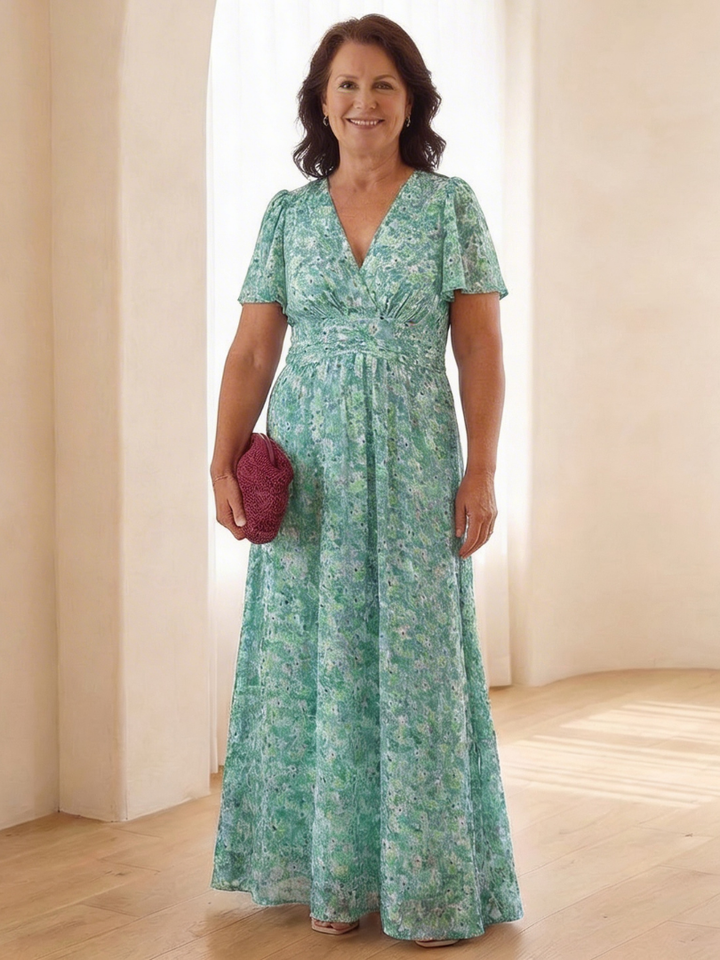 Maris | Vestido Maxi Floral con Escote en V y Mangas Cortas