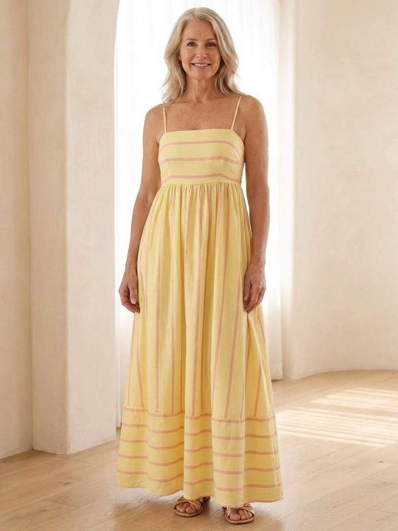 Oceane | Vestido Maxi de Raya con Tirantes de Espagueti y Cintura Fruncida