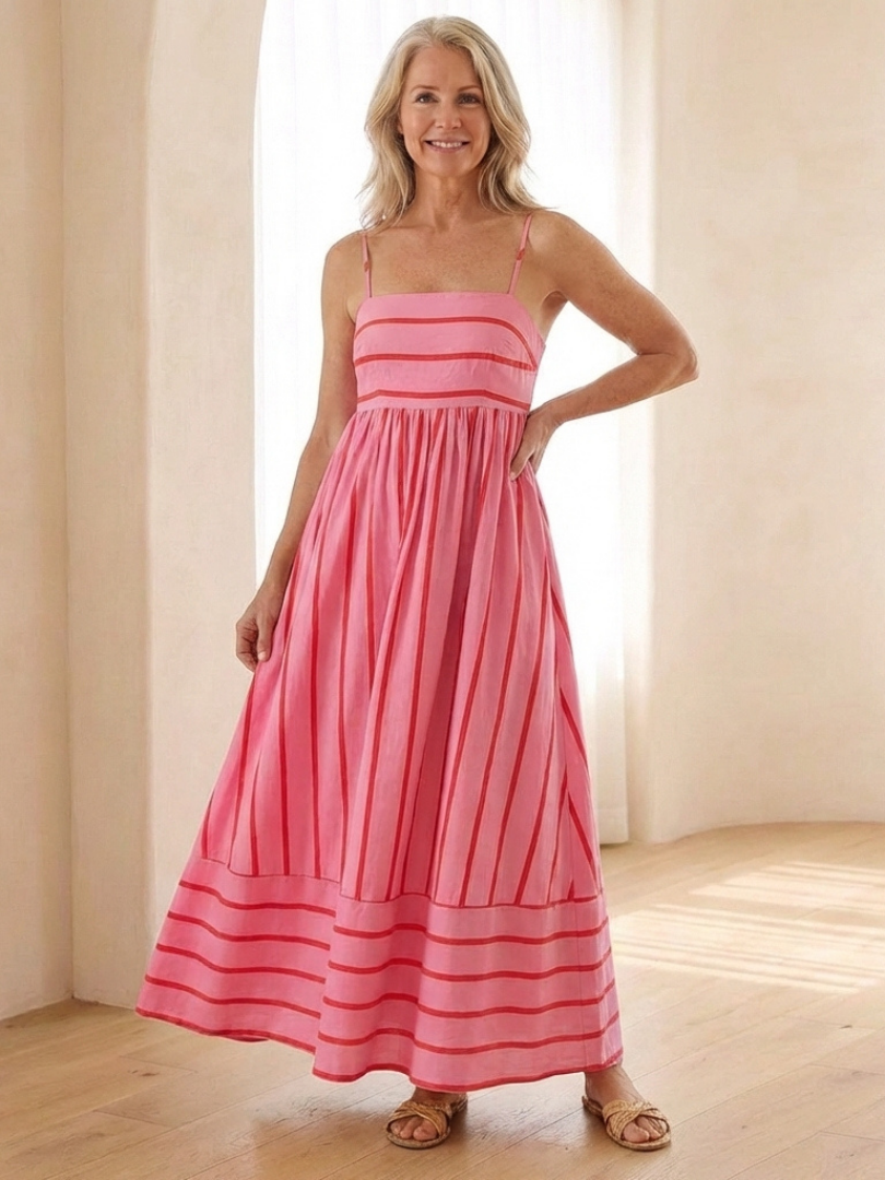 Oceane | Vestido Maxi de Raya con Tirantes de Espagueti y Cintura Fruncida