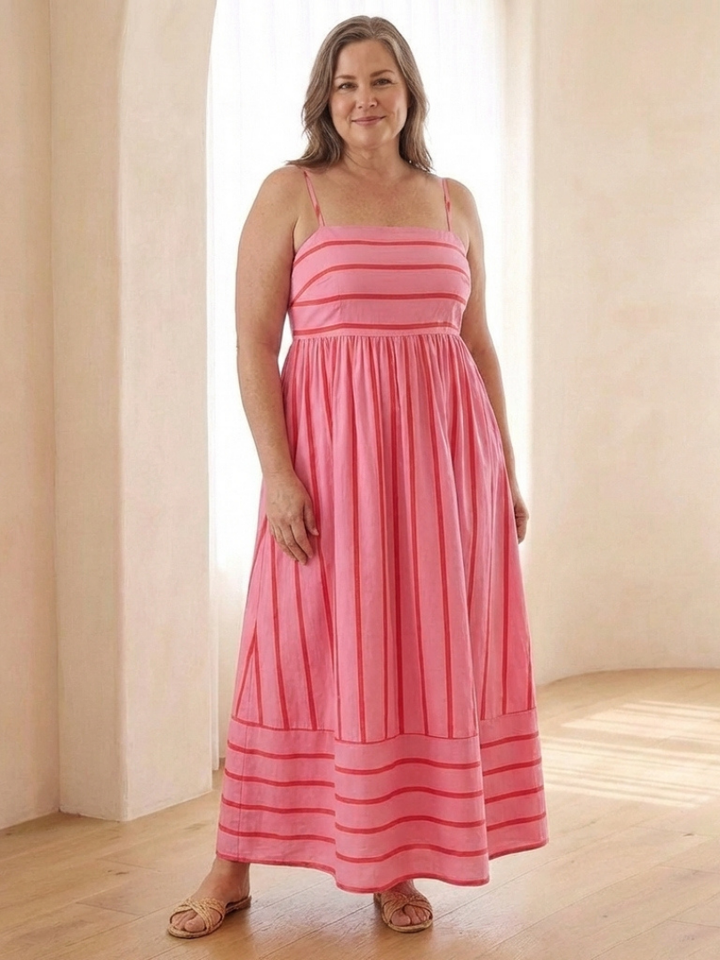 Oceane | Vestido Maxi de Raya con Tirantes de Espagueti y Cintura Fruncida
