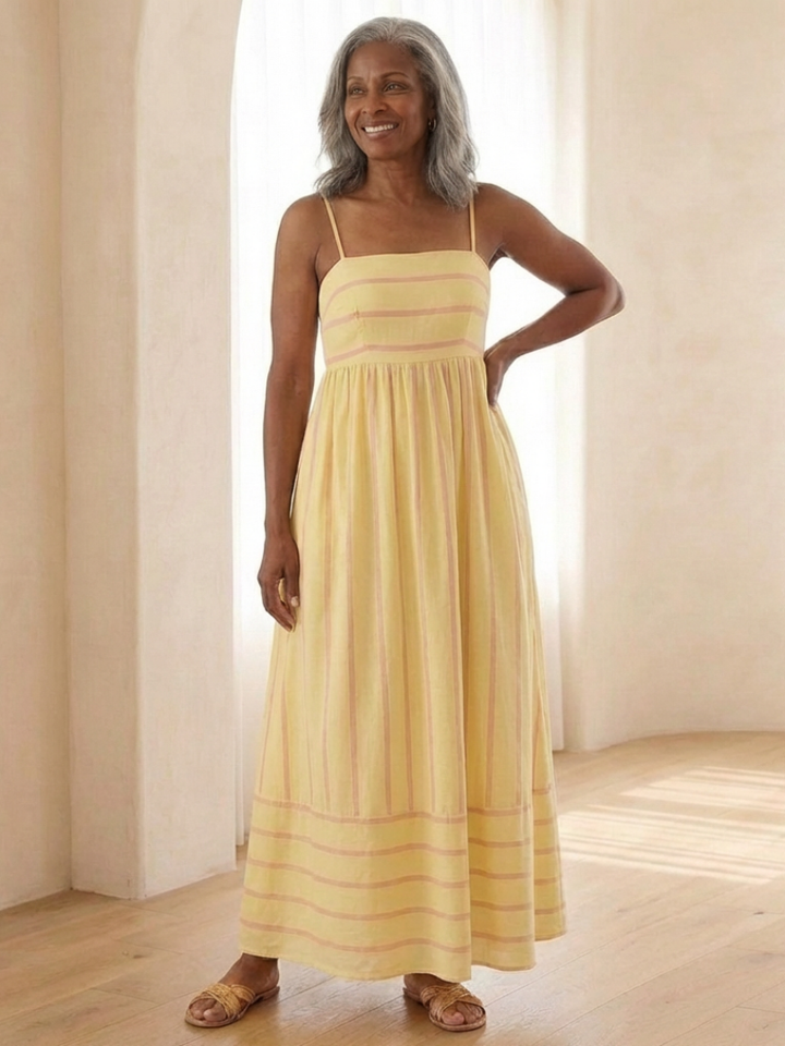 Oceane | Vestido Maxi de Raya con Tirantes de Espagueti y Cintura Fruncida