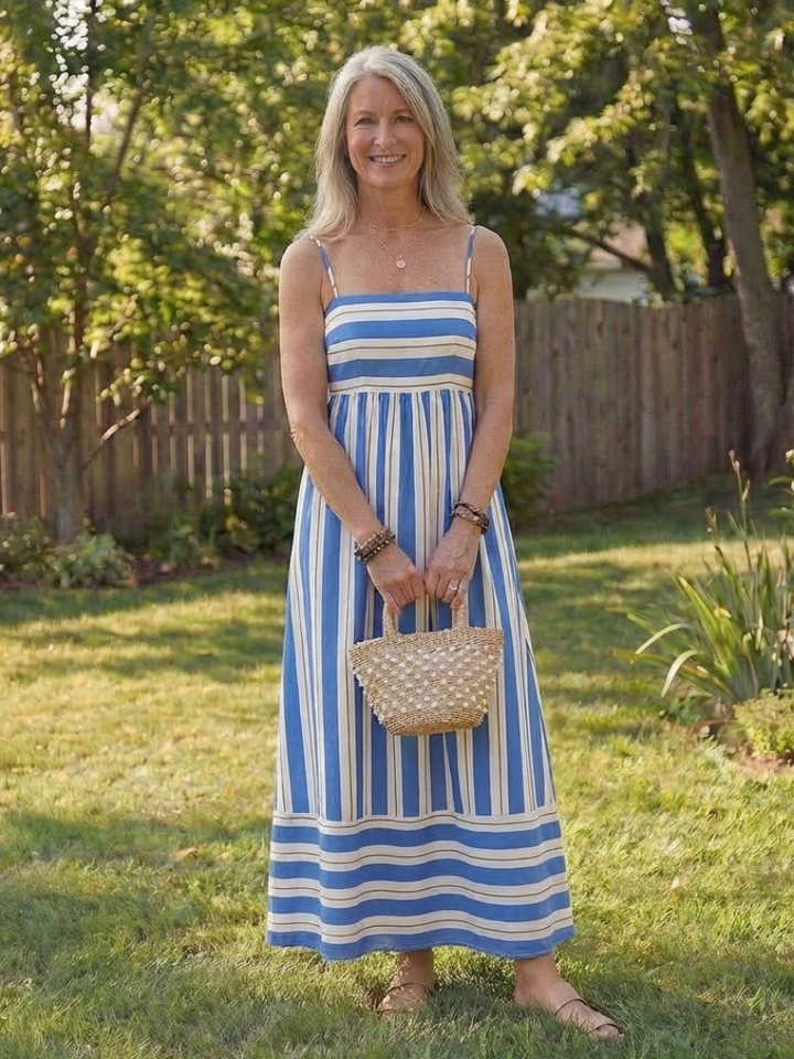 Oceane | Vestido Maxi de Raya con Tirantes de Espagueti y Cintura Fruncida