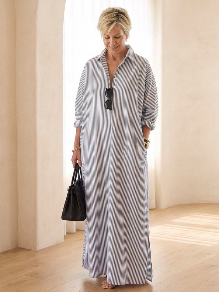 Serina | Vestido Camisa Maxi de Manga Larga a Rayas