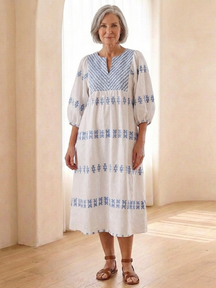 Solene | Vestido Midi de Manga Larga con Escote en V Bordado