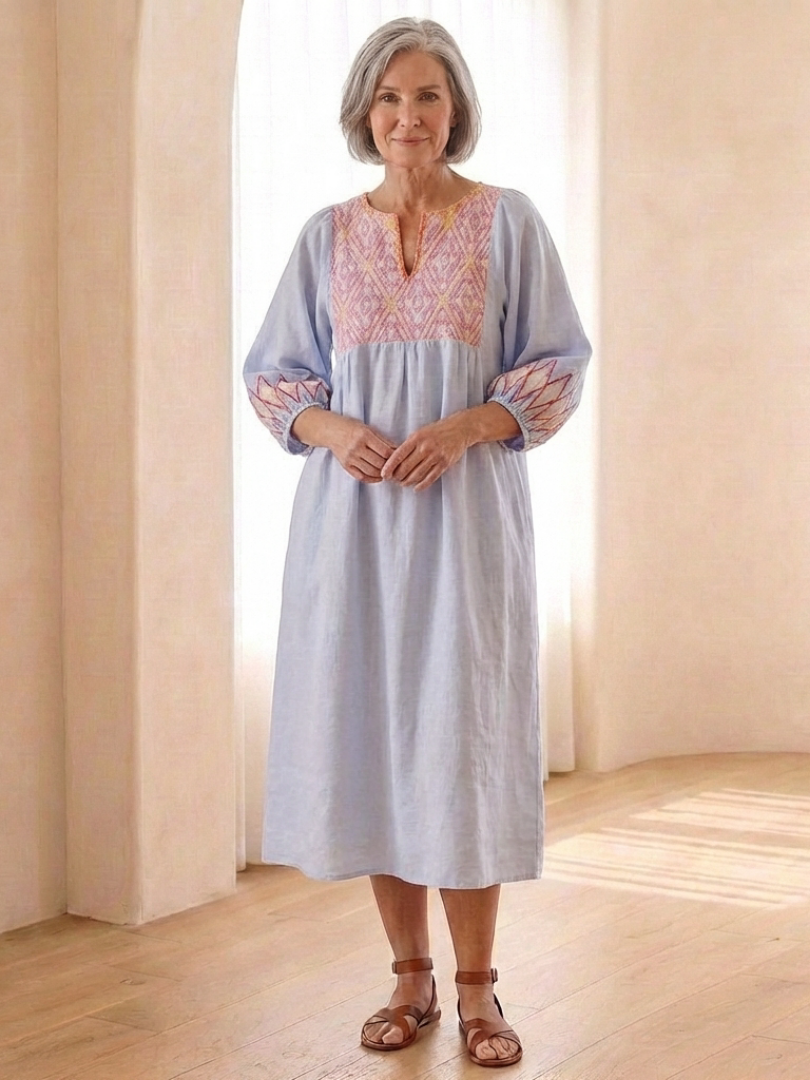 Solene | Vestido Midi de Manga Larga con Escote en V Bordado