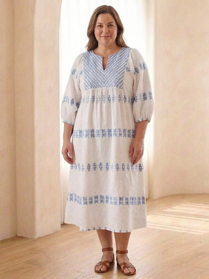 Solene | Vestido Midi de Manga Larga con Escote en V Bordado