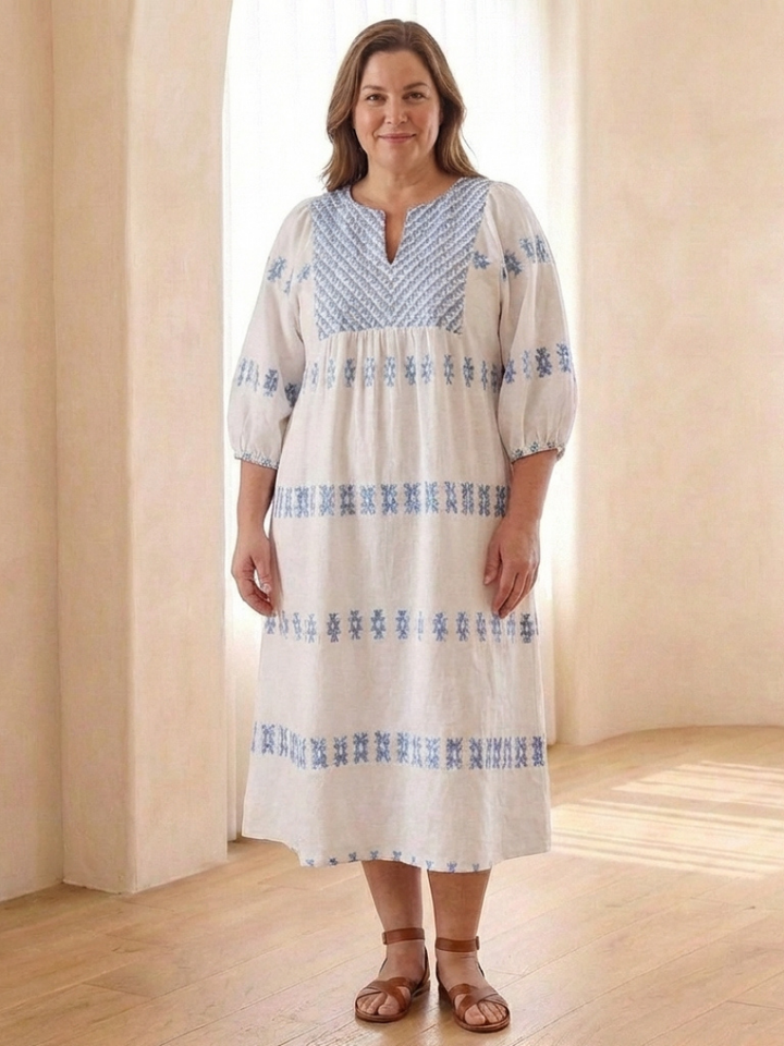 Solene | Vestido Midi de Manga Larga con Escote en V Bordado
