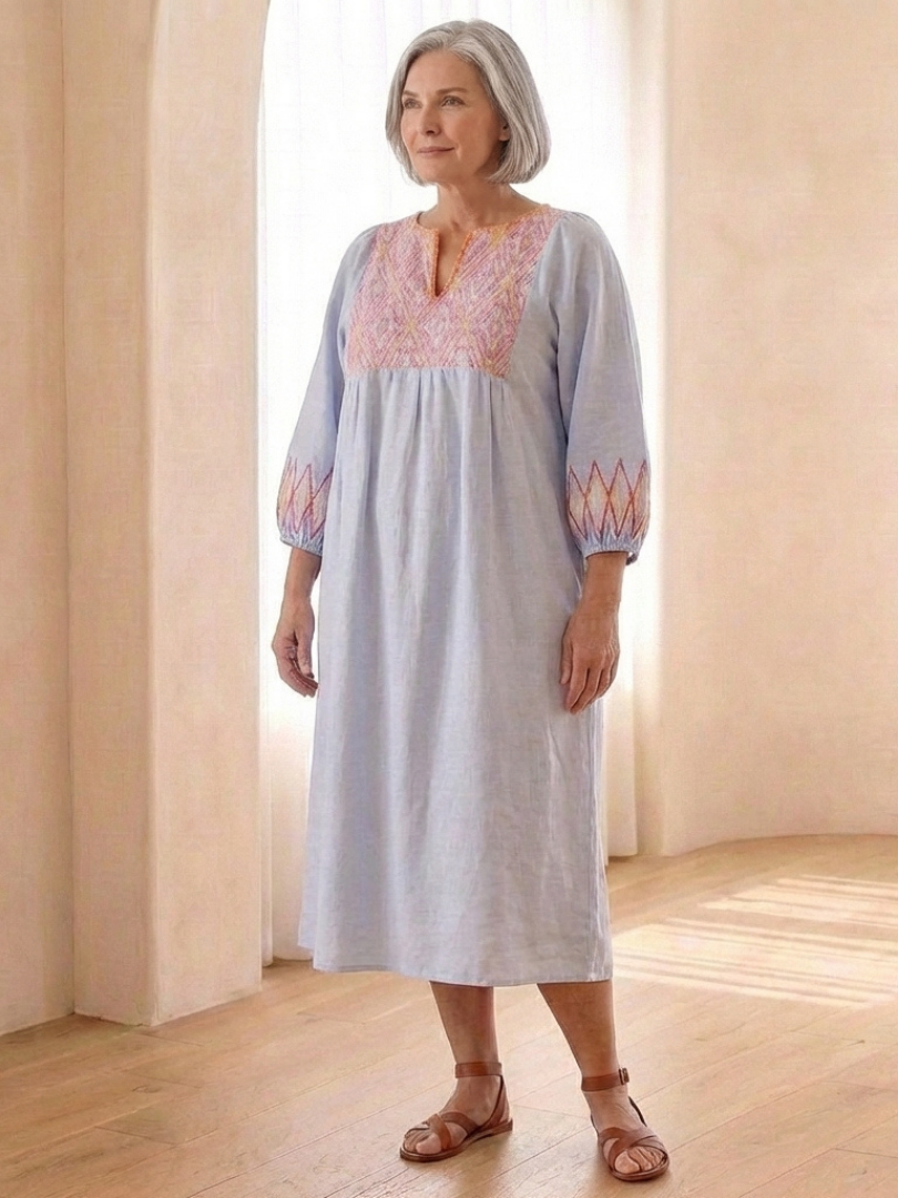 Solene | Vestido Midi de Manga Larga con Escote en V Bordado