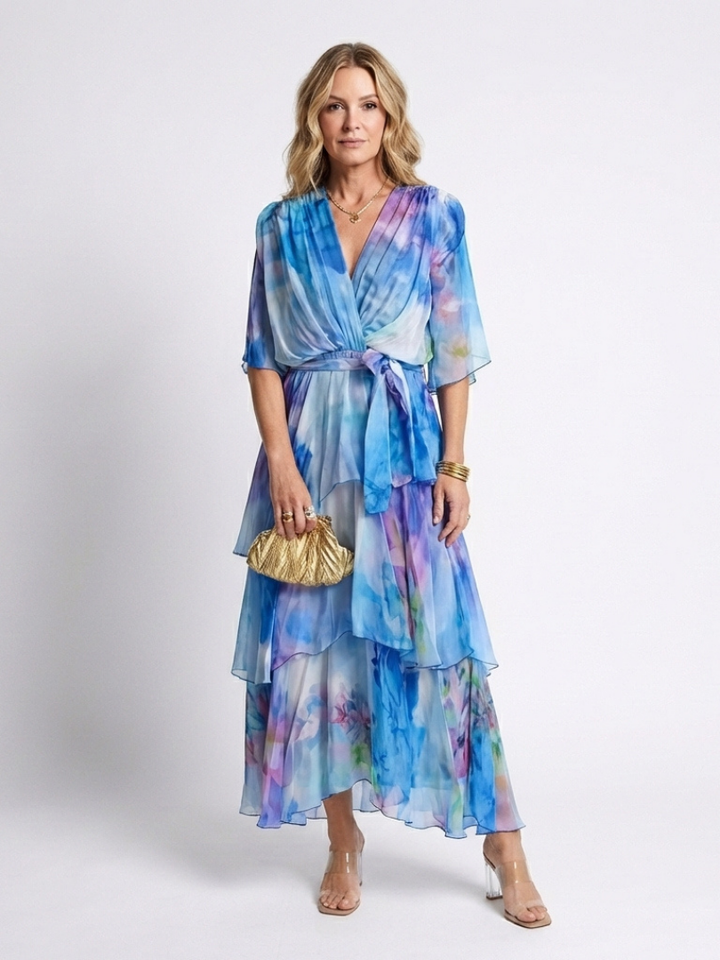 Calista | Vestido Maxi de Capa Transparente con Escote en V y Cintura Ajustable