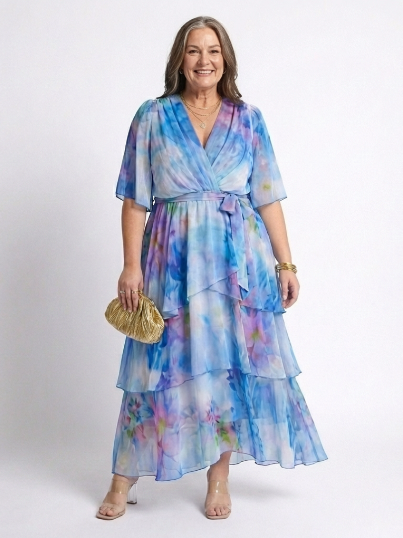Calista | Vestido Maxi de Capa Transparente con Escote en V y Cintura Ajustable