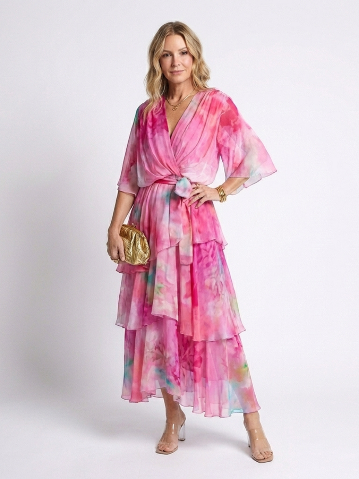 Calista | Vestido Maxi de Capa Transparente con Escote en V y Cintura Ajustable