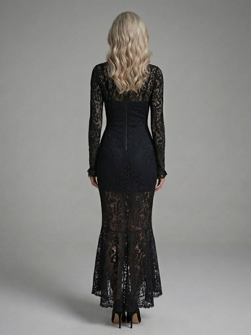 Margaret | Vestido Midi de Encaje de Manga Larga y Cuello Alto