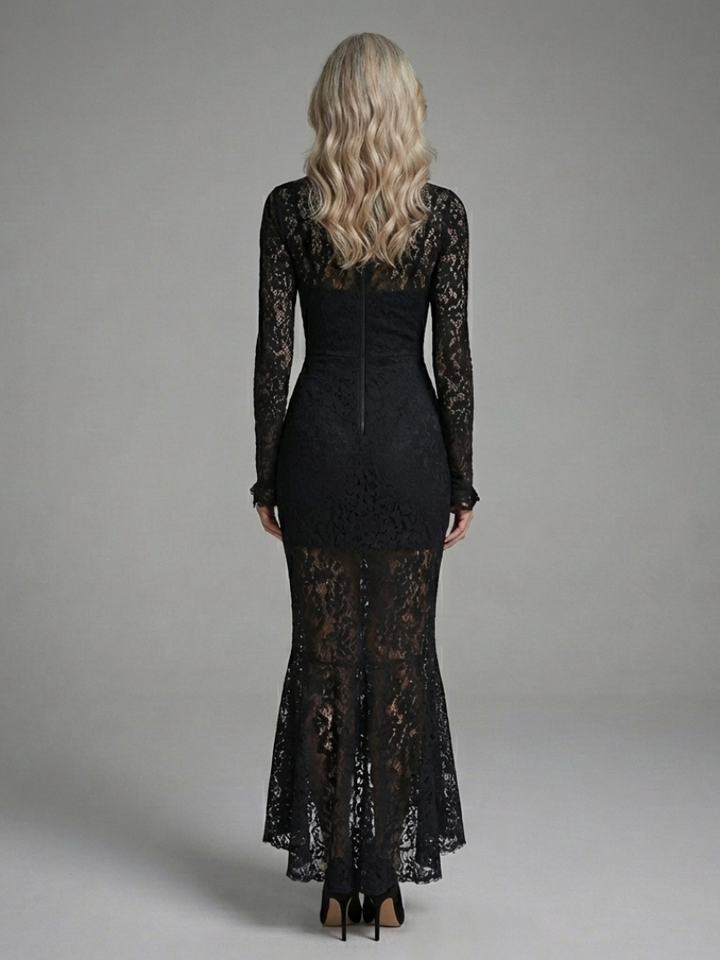 Margaret | Vestido Midi de Encaje de Manga Larga y Cuello Alto