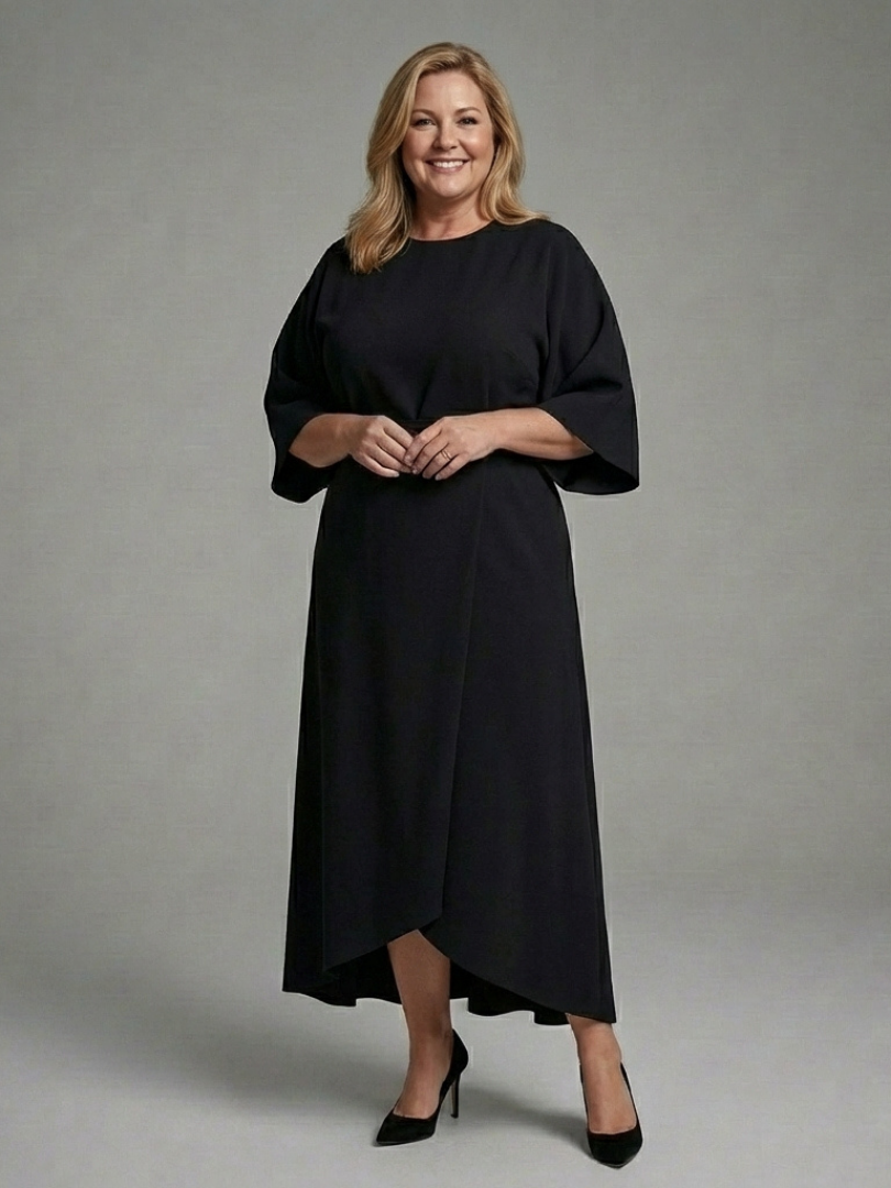 Sereia | Vestido Midi Asimétrico con Manga Capa y Cintura Definida