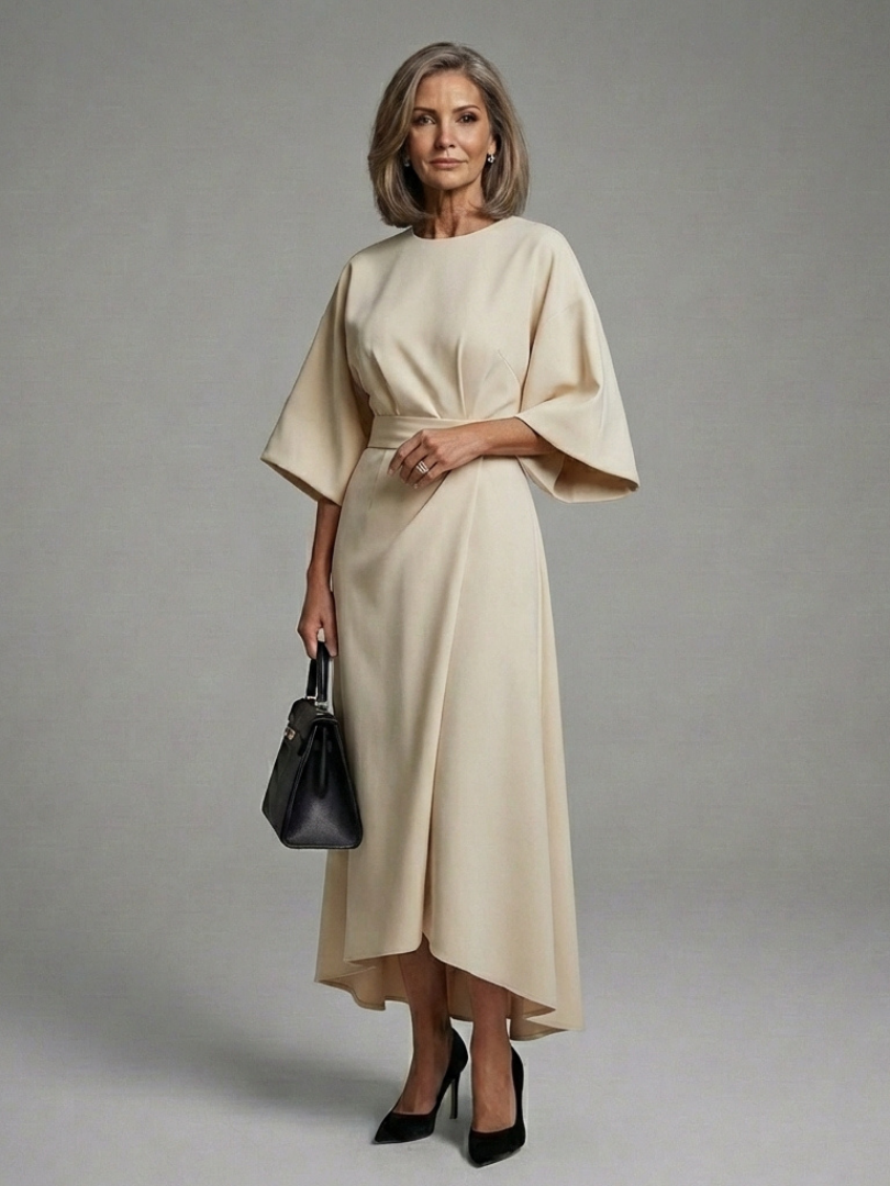 Sereia | Vestido Midi Asimétrico con Manga Capa y Cintura Definida