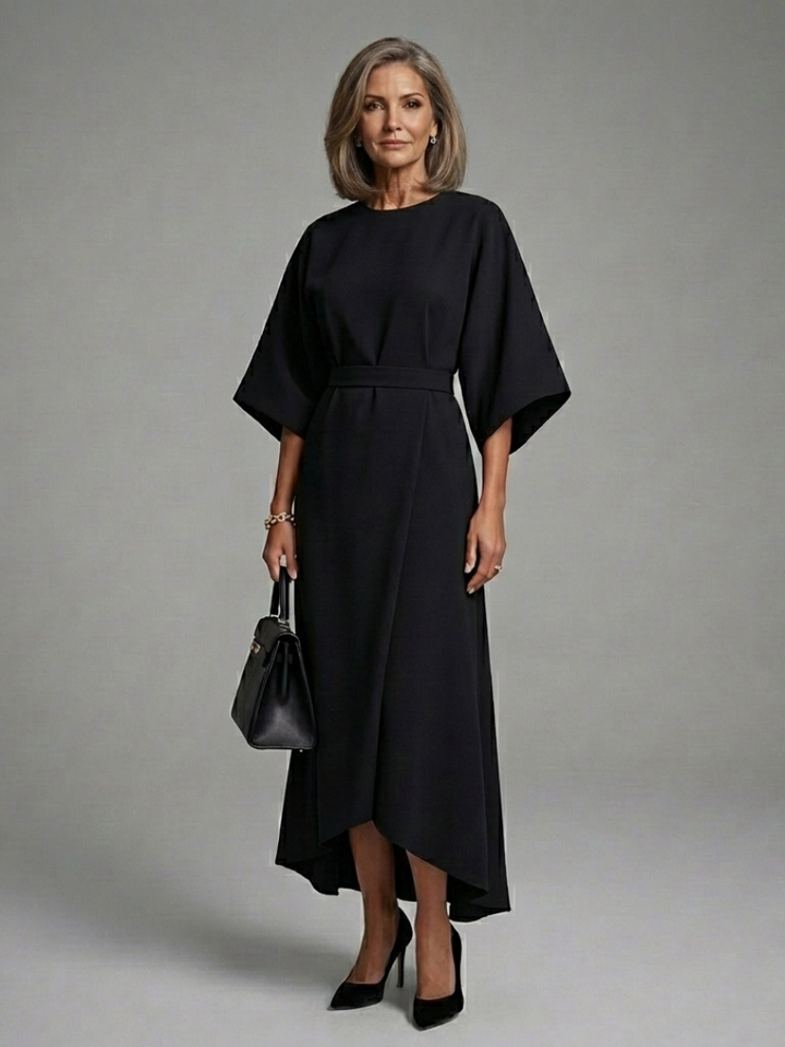 Sereia | Vestido Midi Asimétrico con Manga Capa y Cintura Definida
