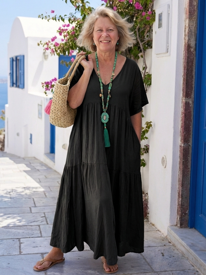 Zinnia | Vestido Maxi Azul con Manga Corta y Volantes