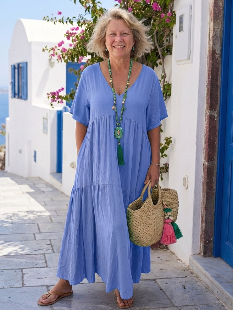 Zinnia | Vestido Maxi Azul con Manga Corta y Volantes