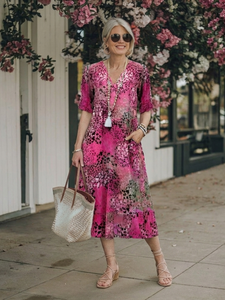 Althea | Vestido midi impreso de cuello en V y manga corta