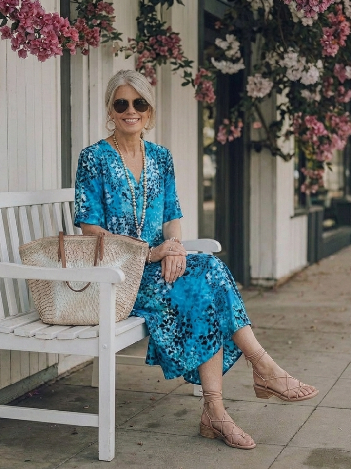 Althea | Vestido midi impreso de cuello en V y manga corta