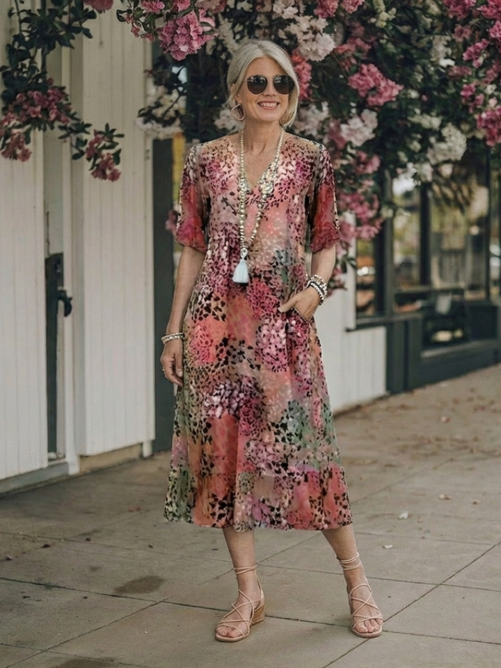 Althea | Vestido midi impreso de cuello en V y manga corta