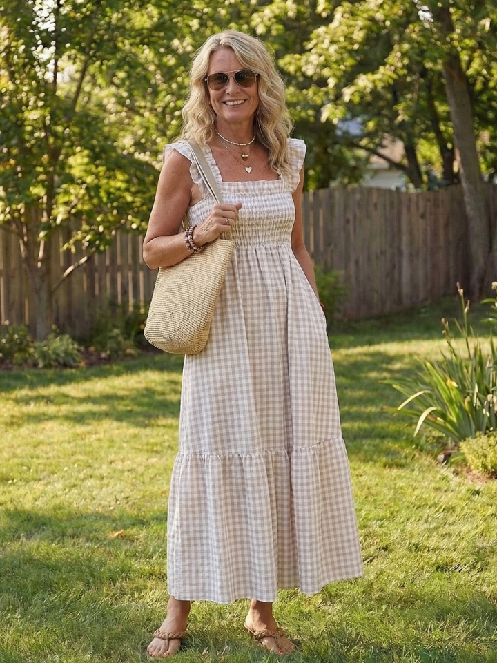 Isolde | Vestido Maxi de Gingham con Mangas de Volante