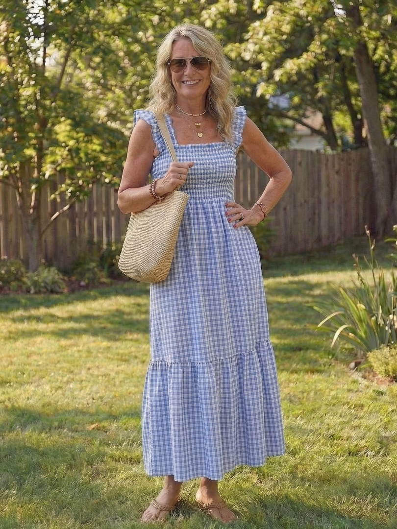Isolde | Vestido Maxi de Gingham con Mangas de Volante