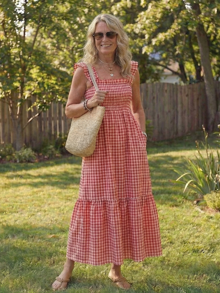Isolde | Vestido Maxi de Gingham con Mangas de Volante