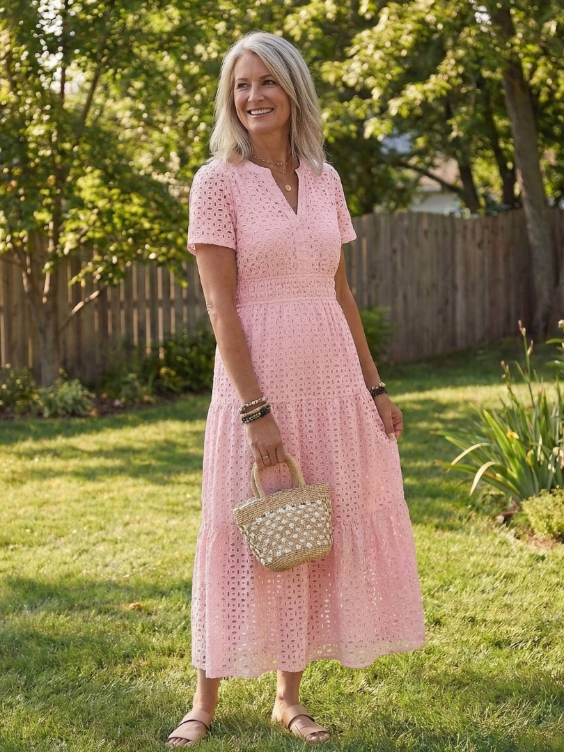 Odelisse | Vestido midi con mangas cortas y volantes de ojales